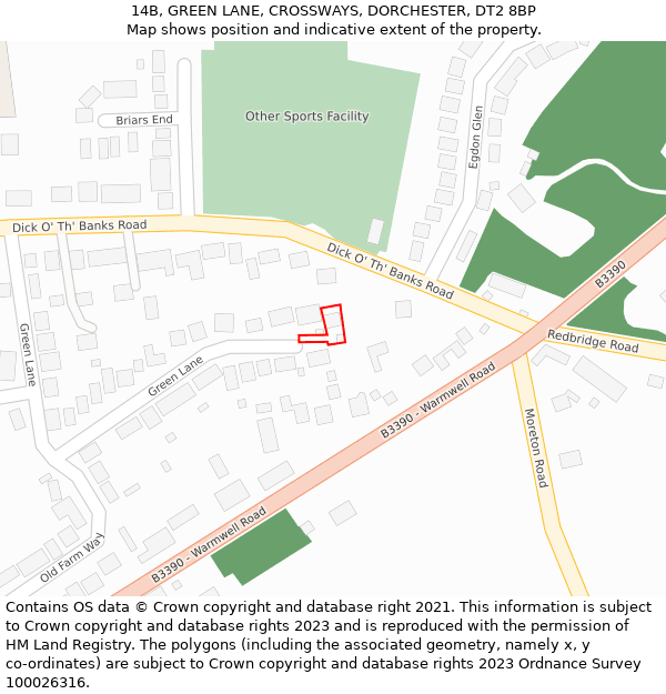 14B, GREEN LANE, CROSSWAYS, DORCHESTER, DT2 8BP: Location map and indicative extent of plot