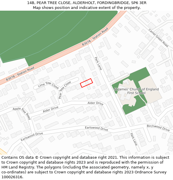 14B, PEAR TREE CLOSE, ALDERHOLT, FORDINGBRIDGE, SP6 3ER: Location map and indicative extent of plot