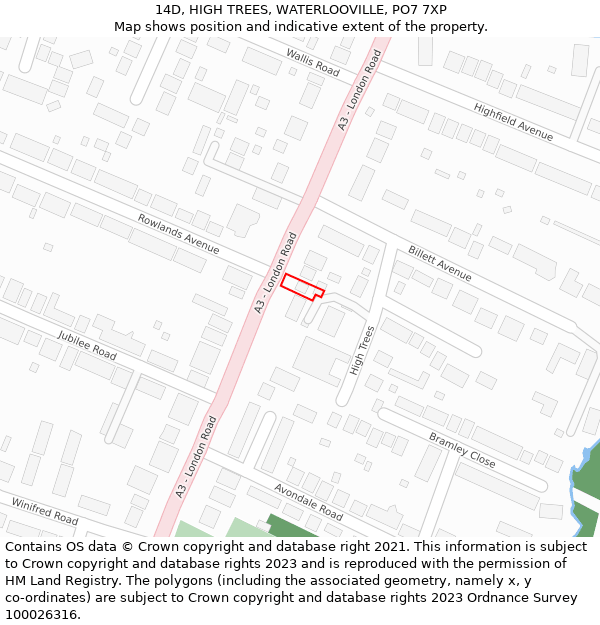 14D, HIGH TREES, WATERLOOVILLE, PO7 7XP: Location map and indicative extent of plot