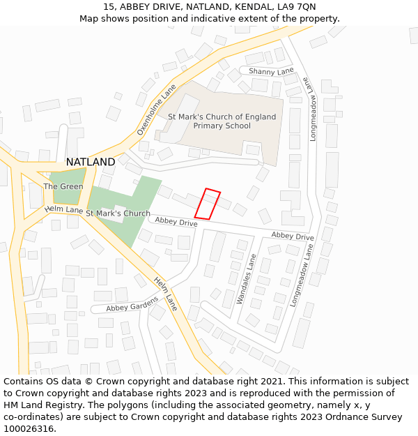 15, ABBEY DRIVE, NATLAND, KENDAL, LA9 7QN: Location map and indicative extent of plot