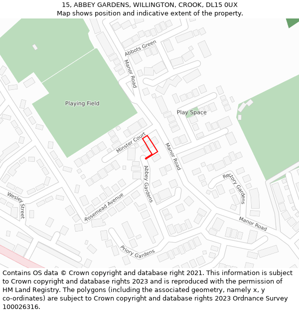15, ABBEY GARDENS, WILLINGTON, CROOK, DL15 0UX: Location map and indicative extent of plot