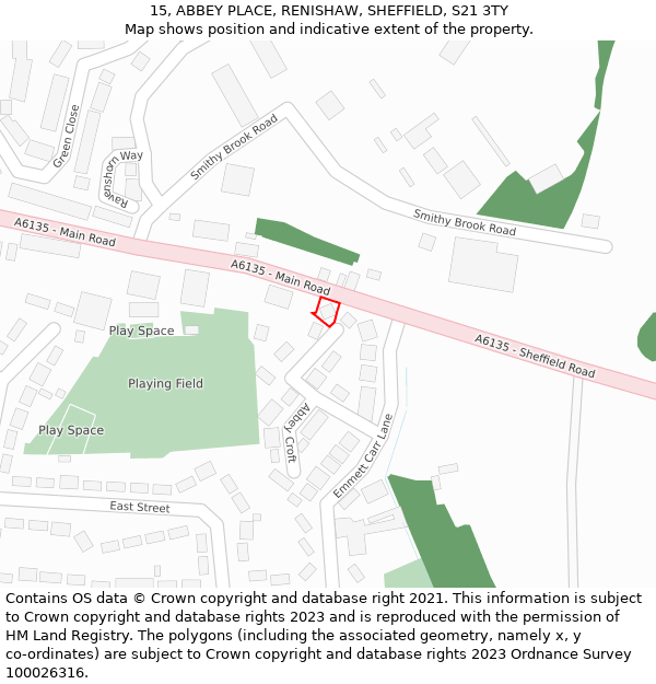 15, ABBEY PLACE, RENISHAW, SHEFFIELD, S21 3TY: Location map and indicative extent of plot