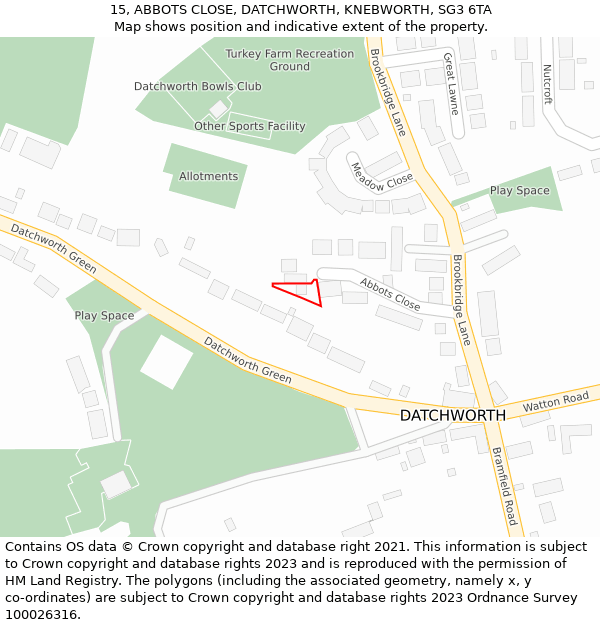 15, ABBOTS CLOSE, DATCHWORTH, KNEBWORTH, SG3 6TA: Location map and indicative extent of plot