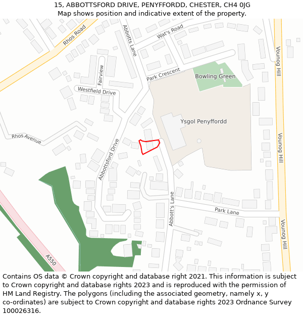 15, ABBOTTSFORD DRIVE, PENYFFORDD, CHESTER, CH4 0JG: Location map and indicative extent of plot