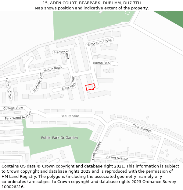 15, ADEN COURT, BEARPARK, DURHAM, DH7 7TH: Location map and indicative extent of plot