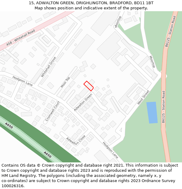 15, ADWALTON GREEN, DRIGHLINGTON, BRADFORD, BD11 1BT: Location map and indicative extent of plot