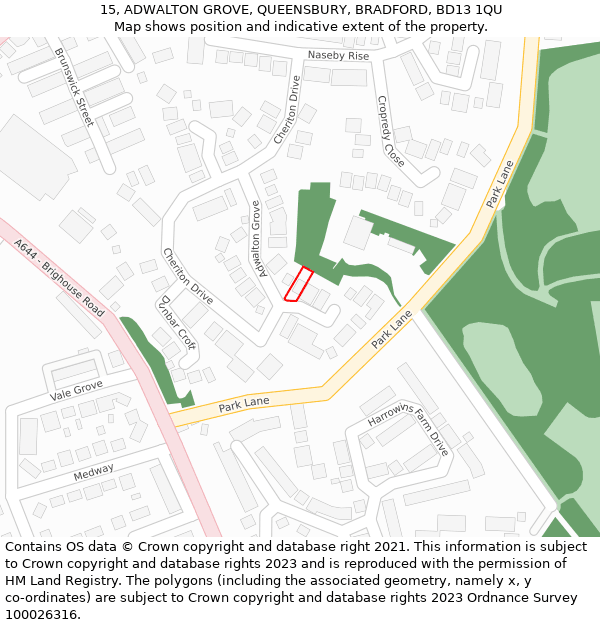 15, ADWALTON GROVE, QUEENSBURY, BRADFORD, BD13 1QU: Location map and indicative extent of plot