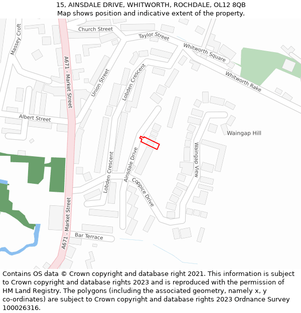 15, AINSDALE DRIVE, WHITWORTH, ROCHDALE, OL12 8QB: Location map and indicative extent of plot
