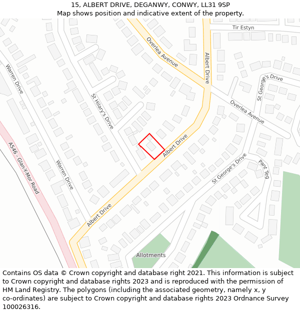 15, ALBERT DRIVE, DEGANWY, CONWY, LL31 9SP: Location map and indicative extent of plot