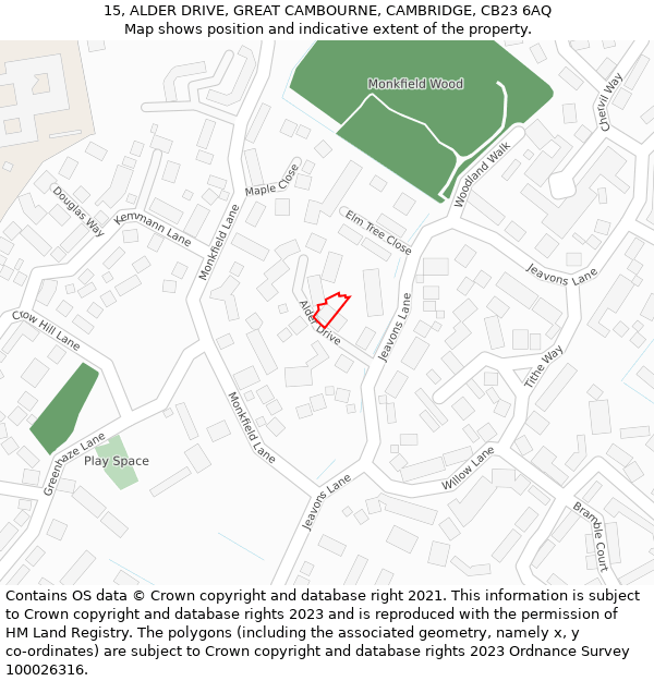 15, ALDER DRIVE, GREAT CAMBOURNE, CAMBRIDGE, CB23 6AQ: Location map and indicative extent of plot