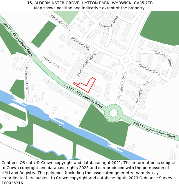 15, ALDERMINSTER GROVE, HATTON PARK, WARWICK, CV35 7TB: Location map and indicative extent of plot