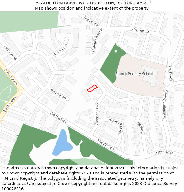15, ALDERTON DRIVE, WESTHOUGHTON, BOLTON, BL5 2JD: Location map and indicative extent of plot