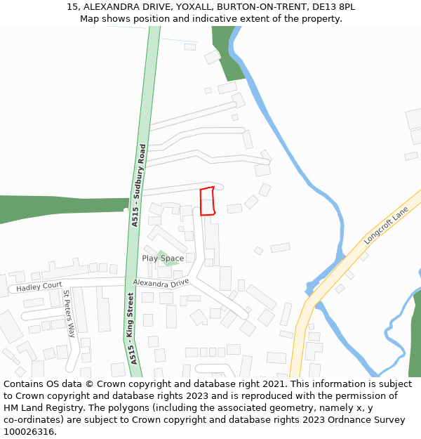15, ALEXANDRA DRIVE, YOXALL, BURTON-ON-TRENT, DE13 8PL: Location map and indicative extent of plot