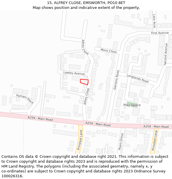 15, ALFREY CLOSE, EMSWORTH, PO10 8ET: Location map and indicative extent of plot