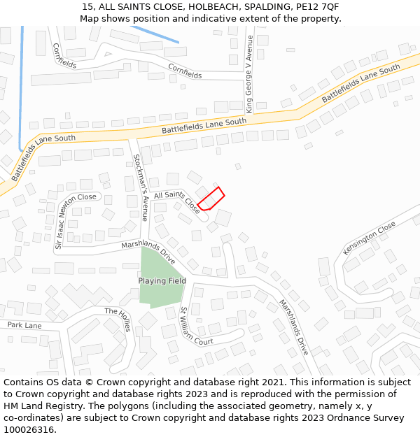 15, ALL SAINTS CLOSE, HOLBEACH, SPALDING, PE12 7QF: Location map and indicative extent of plot