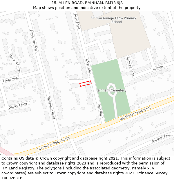 15, ALLEN ROAD, RAINHAM, RM13 9JS: Location map and indicative extent of plot