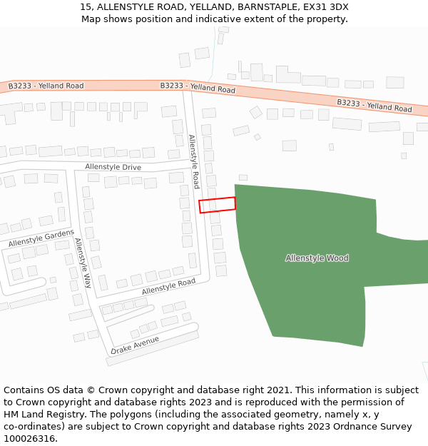 15, ALLENSTYLE ROAD, YELLAND, BARNSTAPLE, EX31 3DX: Location map and indicative extent of plot