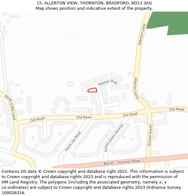 15, ALLERTON VIEW, THORNTON, BRADFORD, BD13 3AG: Location map and indicative extent of plot