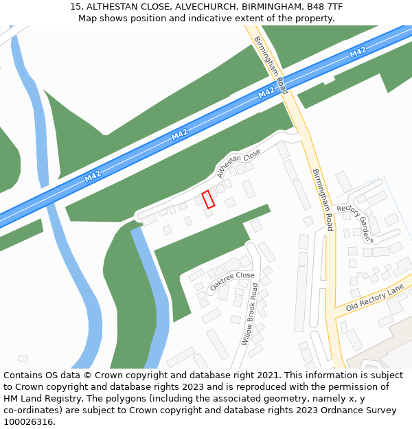 15, ALTHESTAN CLOSE, ALVECHURCH, BIRMINGHAM, B48 7TF: Location map and indicative extent of plot