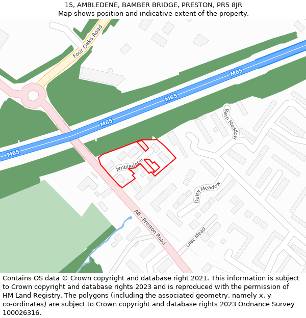 15, AMBLEDENE, BAMBER BRIDGE, PRESTON, PR5 8JR: Location map and indicative extent of plot