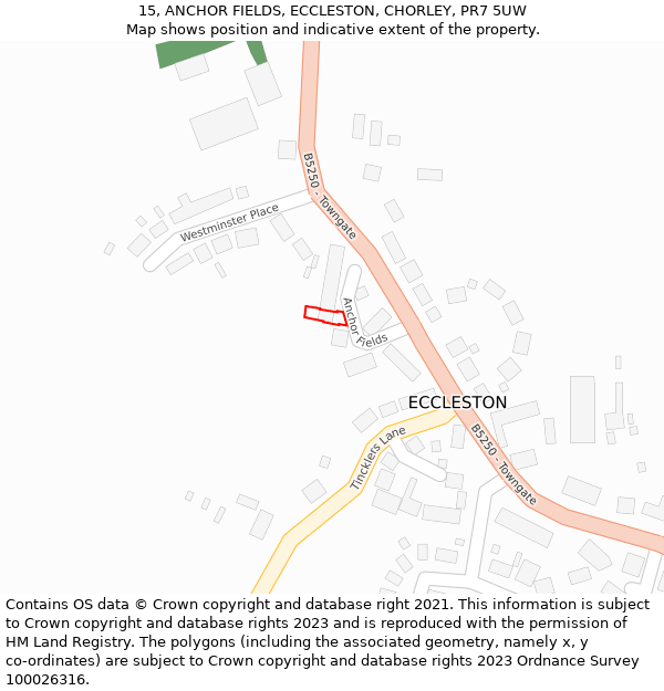 15, ANCHOR FIELDS, ECCLESTON, CHORLEY, PR7 5UW: Location map and indicative extent of plot