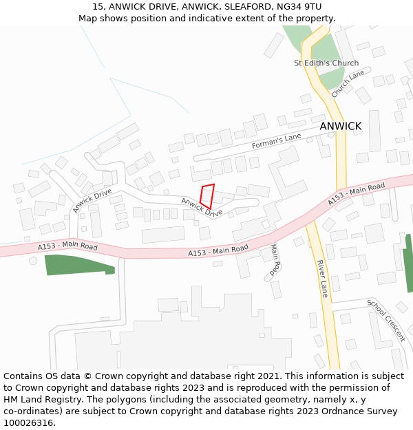 15, ANWICK DRIVE, ANWICK, SLEAFORD, NG34 9TU: Location map and indicative extent of plot