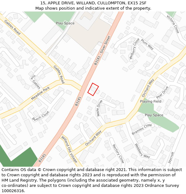 15, APPLE DRIVE, WILLAND, CULLOMPTON, EX15 2SF: Location map and indicative extent of plot