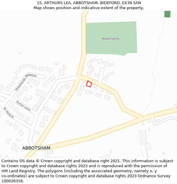 15, ARTHURS LEA, ABBOTSHAM, BIDEFORD, EX39 5AN: Location map and indicative extent of plot