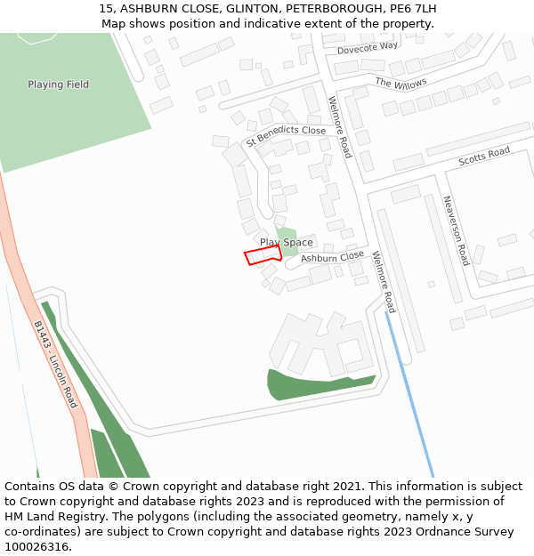 15, ASHBURN CLOSE, GLINTON, PETERBOROUGH, PE6 7LH: Location map and indicative extent of plot