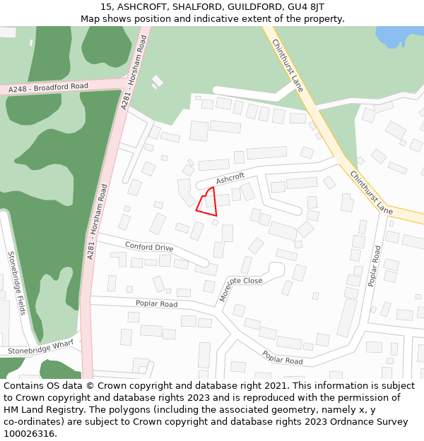 15, ASHCROFT, SHALFORD, GUILDFORD, GU4 8JT: Location map and indicative extent of plot