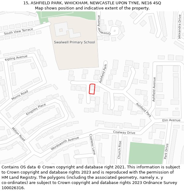 15, ASHFIELD PARK, WHICKHAM, NEWCASTLE UPON TYNE, NE16 4SQ: Location map and indicative extent of plot