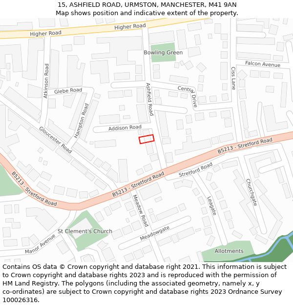 15, ASHFIELD ROAD, URMSTON, MANCHESTER, M41 9AN: Location map and indicative extent of plot
