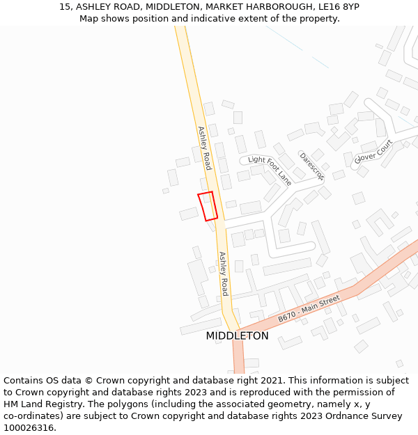 15, ASHLEY ROAD, MIDDLETON, MARKET HARBOROUGH, LE16 8YP: Location map and indicative extent of plot