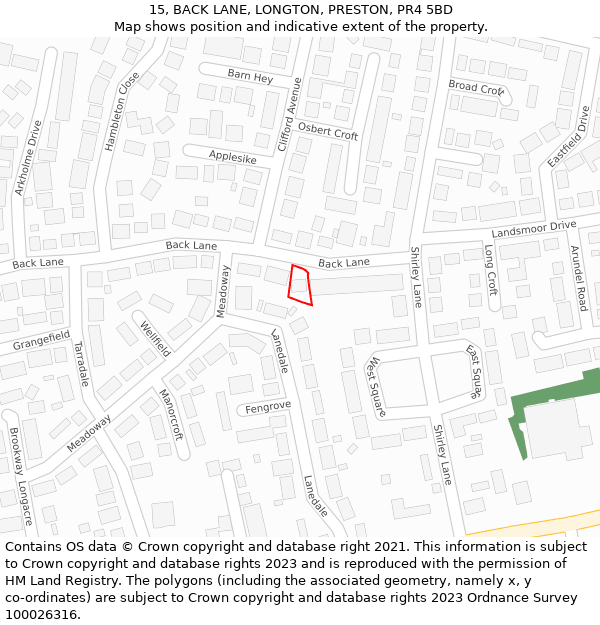 15, BACK LANE, LONGTON, PRESTON, PR4 5BD: Location map and indicative extent of plot