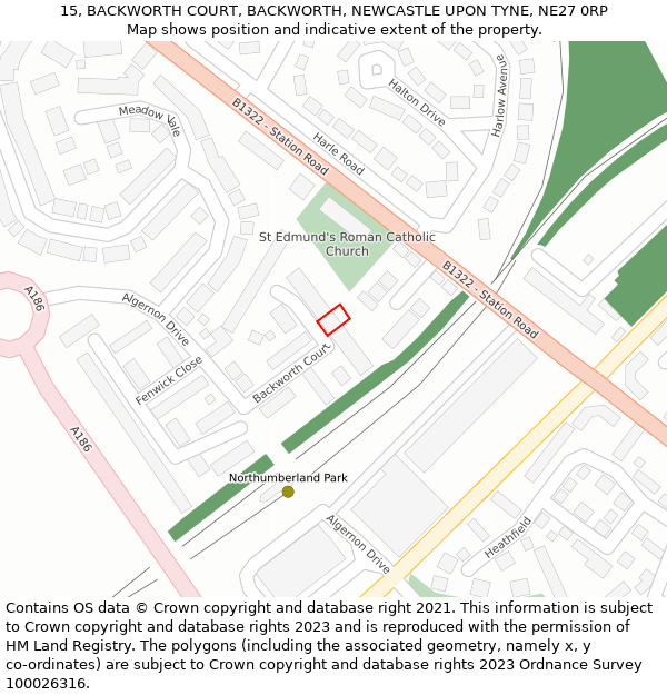 15, BACKWORTH COURT, BACKWORTH, NEWCASTLE UPON TYNE, NE27 0RP: Location map and indicative extent of plot