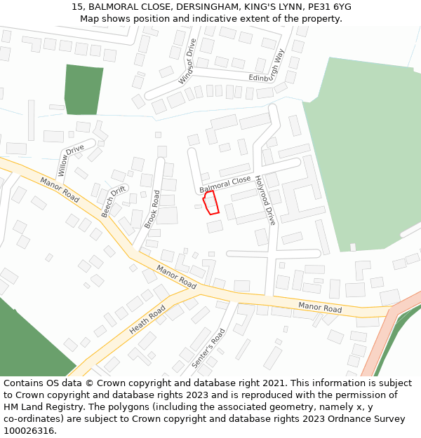 15, BALMORAL CLOSE, DERSINGHAM, KING'S LYNN, PE31 6YG: Location map and indicative extent of plot