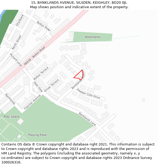 15, BANKLANDS AVENUE, SILSDEN, KEIGHLEY, BD20 0JL: Location map and indicative extent of plot