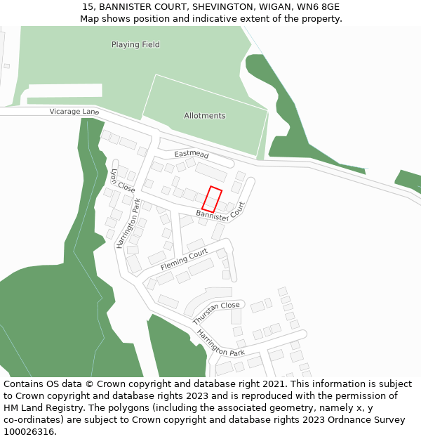 15, BANNISTER COURT, SHEVINGTON, WIGAN, WN6 8GE: Location map and indicative extent of plot