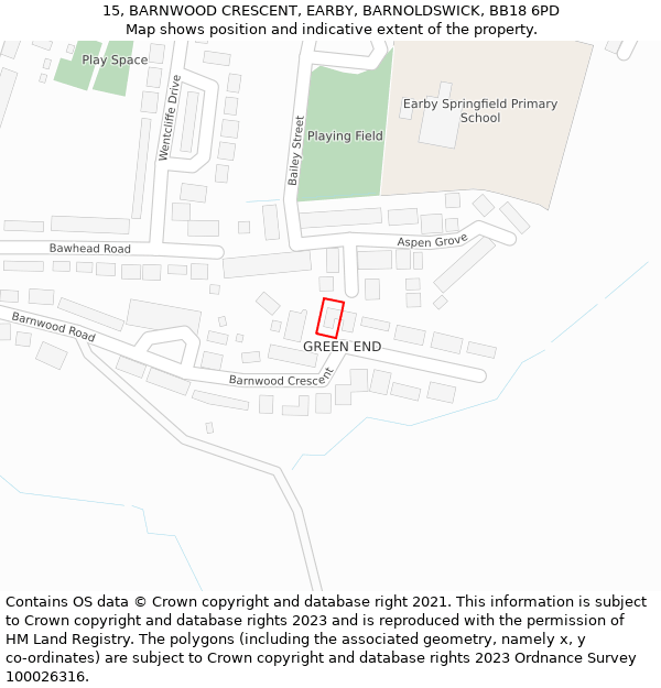 15, BARNWOOD CRESCENT, EARBY, BARNOLDSWICK, BB18 6PD: Location map and indicative extent of plot
