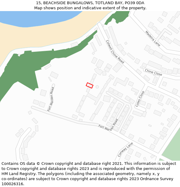 15, BEACHSIDE BUNGALOWS, TOTLAND BAY, PO39 0DA: Location map and indicative extent of plot