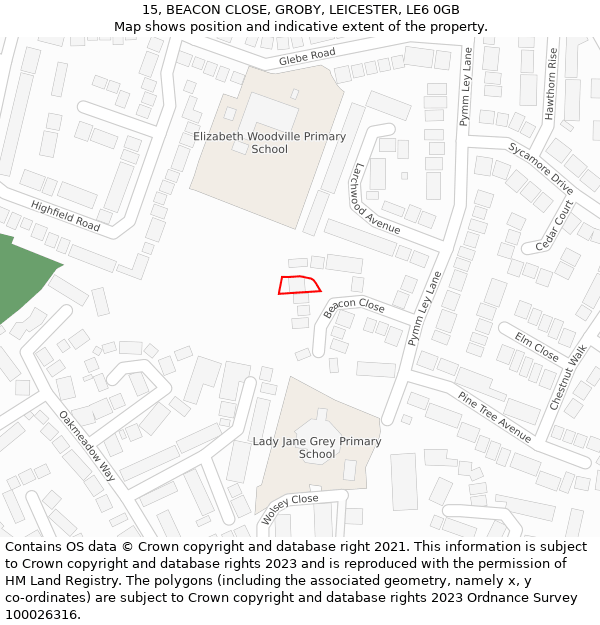 15, BEACON CLOSE, GROBY, LEICESTER, LE6 0GB: Location map and indicative extent of plot