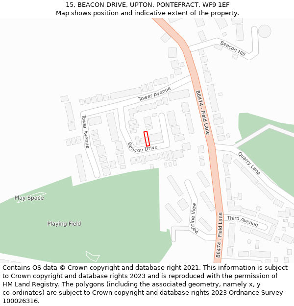 15, BEACON DRIVE, UPTON, PONTEFRACT, WF9 1EF: Location map and indicative extent of plot