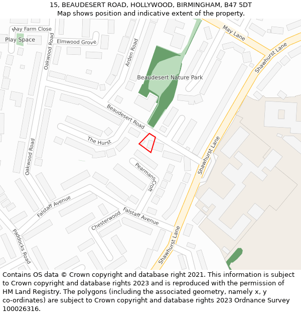 15, BEAUDESERT ROAD, HOLLYWOOD, BIRMINGHAM, B47 5DT: Location map and indicative extent of plot
