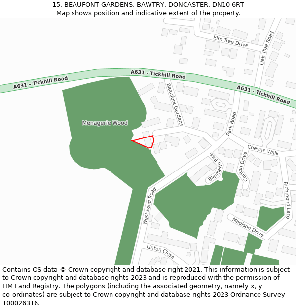 15, BEAUFONT GARDENS, BAWTRY, DONCASTER, DN10 6RT: Location map and indicative extent of plot