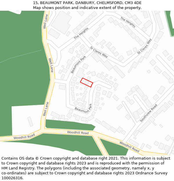 15, BEAUMONT PARK, DANBURY, CHELMSFORD, CM3 4DE: Location map and indicative extent of plot