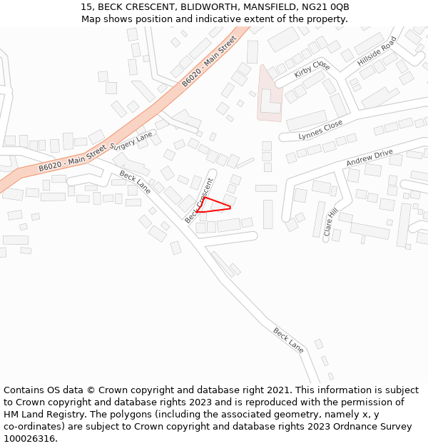 15, BECK CRESCENT, BLIDWORTH, MANSFIELD, NG21 0QB: Location map and indicative extent of plot