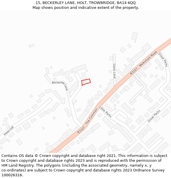 15, BECKERLEY LANE, HOLT, TROWBRIDGE, BA14 6QQ: Location map and indicative extent of plot