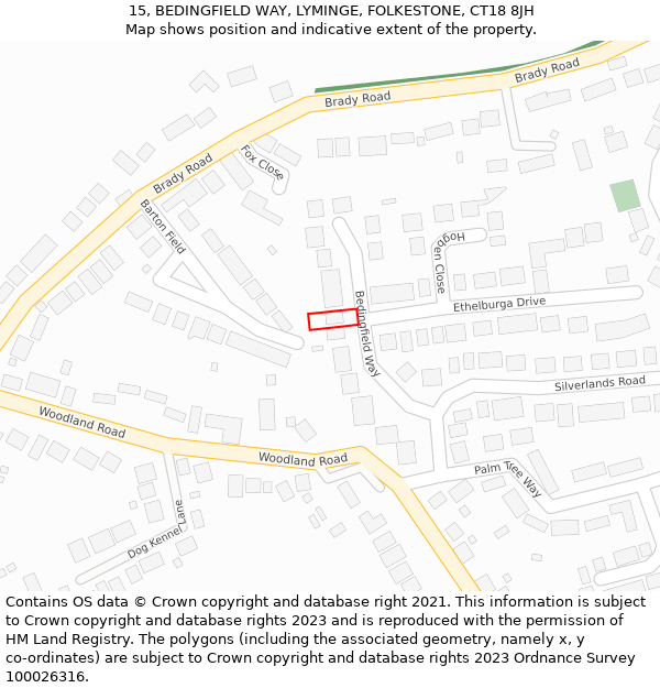 15, BEDINGFIELD WAY, LYMINGE, FOLKESTONE, CT18 8JH: Location map and indicative extent of plot