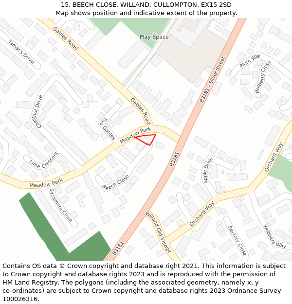 15, BEECH CLOSE, WILLAND, CULLOMPTON, EX15 2SD: Location map and indicative extent of plot