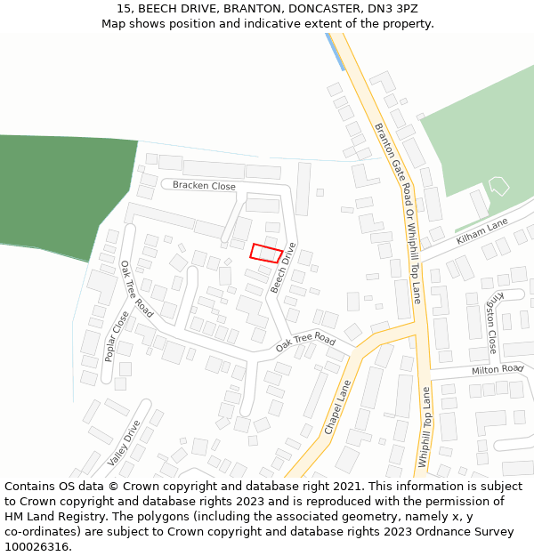 15, BEECH DRIVE, BRANTON, DONCASTER, DN3 3PZ: Location map and indicative extent of plot